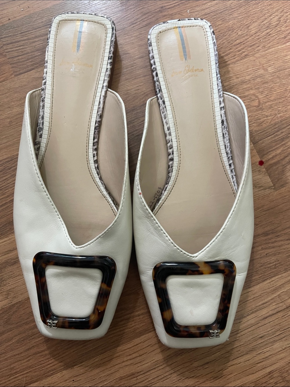 Sam Edelman Cream Leather Slip-On Mules with Tortoiseshell Buckle Sz 10